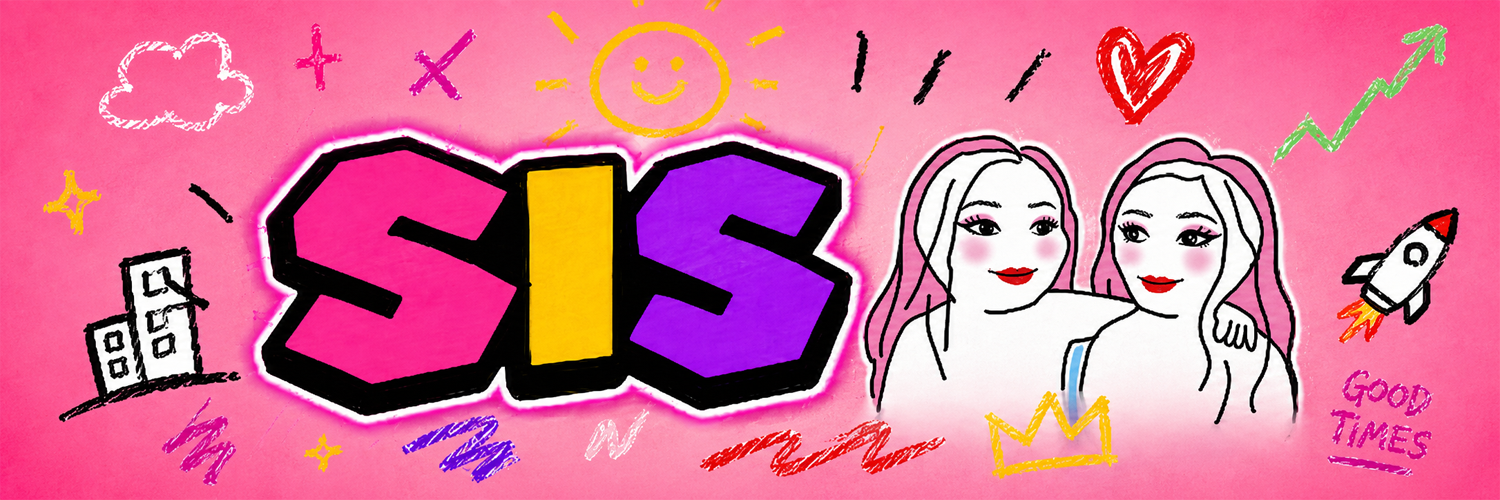 SIS banner — graffiti logo and sister mascots
